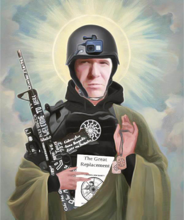 Brenton Tarrant depicted as a Christian Saint. He is holding his manifesto and the gun he used to committ his killing spree. A halo is formed behind his head.