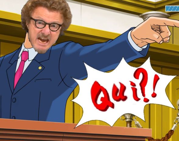 An 'objection' meme, with Phoenix Wright's changed with that of French businessman Claude Posternak, and the text is changed to read 'Qui?!'.