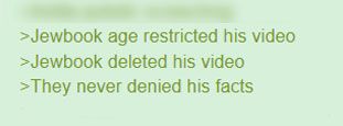 A screenshot from a forum which reads '>Jewbook age restricted his video >Jewbook deleted his video >They never denied his facts