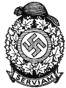 A beaver perched on a thick wreath of maple leaves. In the centre is a Swastika. Below, the text "SERVIAM". 