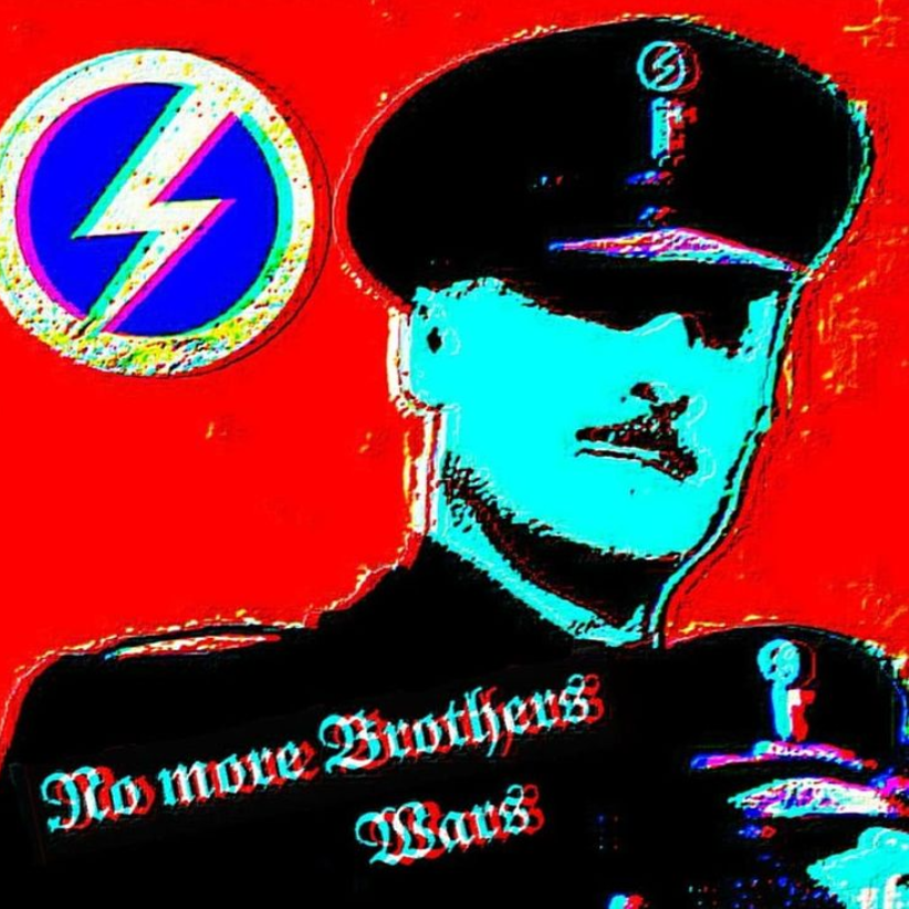 Stylized propaganda art of Oswald Mosley in his British Union of Fascists uniform. A Flash and Circle is in the top-left corner. Below his face is the text "No more Brothers Wars".
