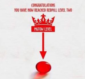Une image d'une pilule rouge avec une couronne au-dessus. Le texte lit "Félicitations, vous avez maintenant atteint le niveau deux de redpill, niveau MGTOW".