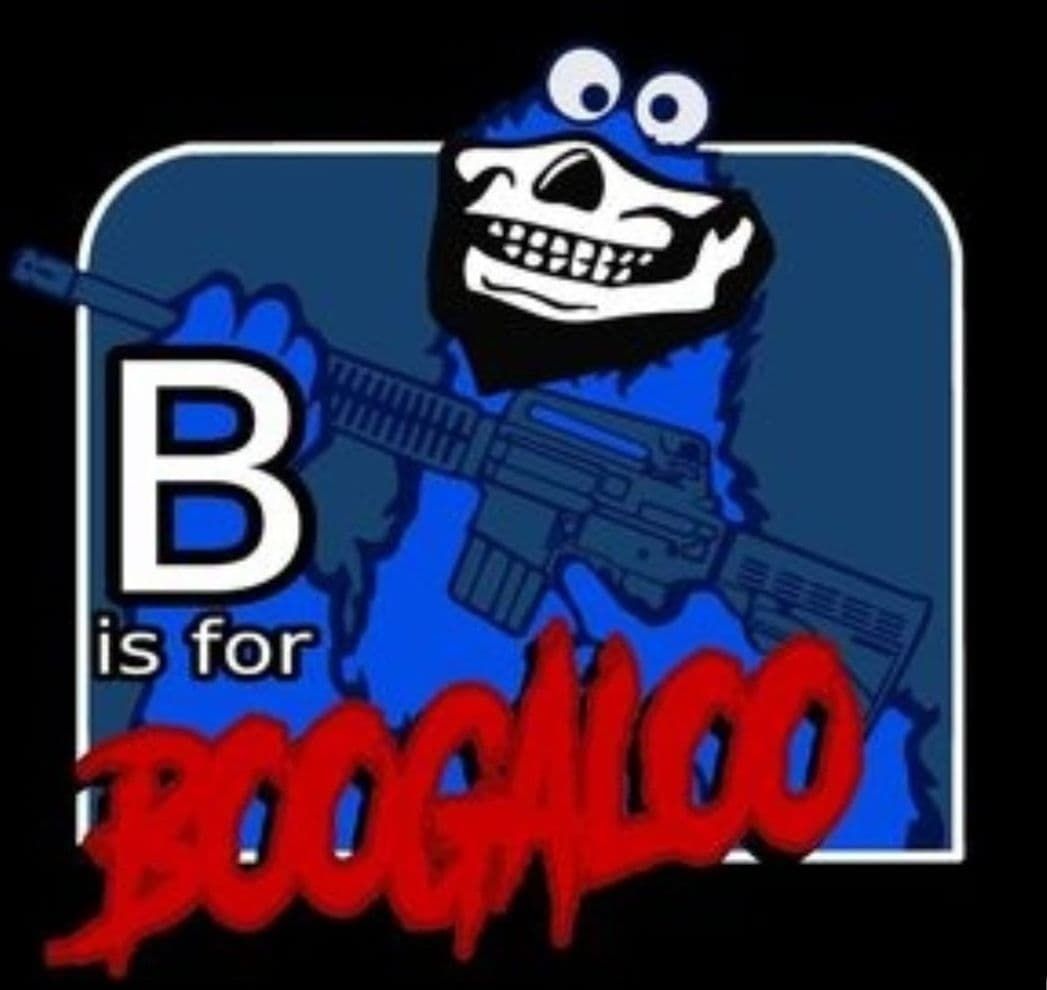 A drawing of Cookie monster wearing a skul mask and holding an M16 rifle. Text next to him reads 'B is for BOOGALOO'.