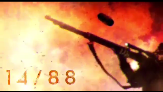 A black silhouette on a sunburst background aims a rifle. Below it is "14/88" in large text.