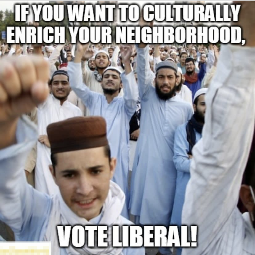 Une photo d'une foule de musulmans tenant leur premier levé. Au-dessus et au-dessous, une légende indique « Si vous voulez enrichir culturellement votre quartier » et « Votez libéral ! »