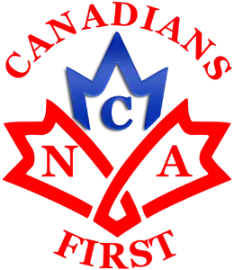 A maple leaf with N, C, and A on it. The top tip of the leaf and the C is blue. Above text reads "CANADIANS", below reads "FIRST".