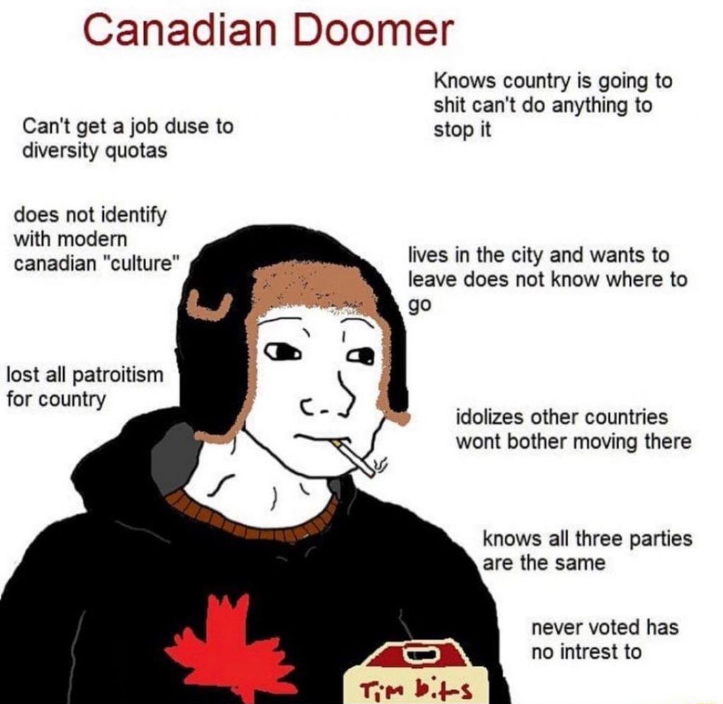 A drawing of the Canadian Doomer, who is wearing a Ushanka and a maple leaf adorned sweater while holding Timbits. Around him, text explains his perspective. This text includes 'Can't get a job due to diversity quotas' and 'doesn't identify with modern canadian 'culture''