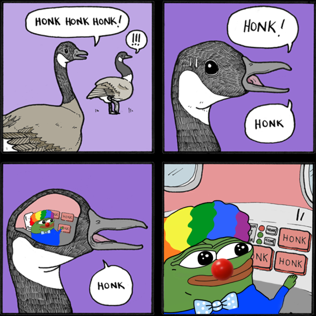 A four panel comic showing Canada geese saying 'Honk'. The last panel reveals their brains are inhabited by Honkler, who presses honk butons.