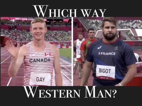 Un mème à deux panneaux montrant une photo d'un coureur olympique canadien nommé « Gay » et une autre d'un athlète français nommé « Bigot », avec un texte au-dessus et en dessous indiquant « Which way Western Man ? ».