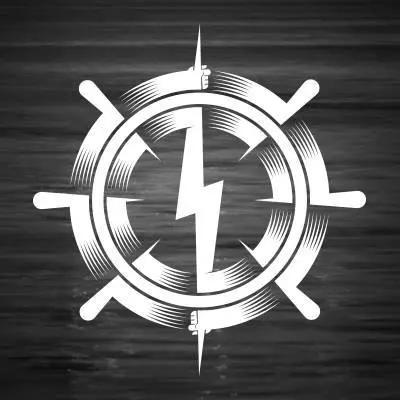 Atalante logo: A vertical lightning bolt two layered circles around it.  6 pins aiming towards the centre with rounded ends, as if to resemble a ship's wheel.