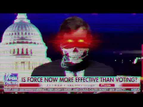 A picture of Tucker Carlson on air, modified to make him wear a skullmask and for his eyes to shoot red lasers. Below on the chyron are the words 'is force now more effective than voting'.