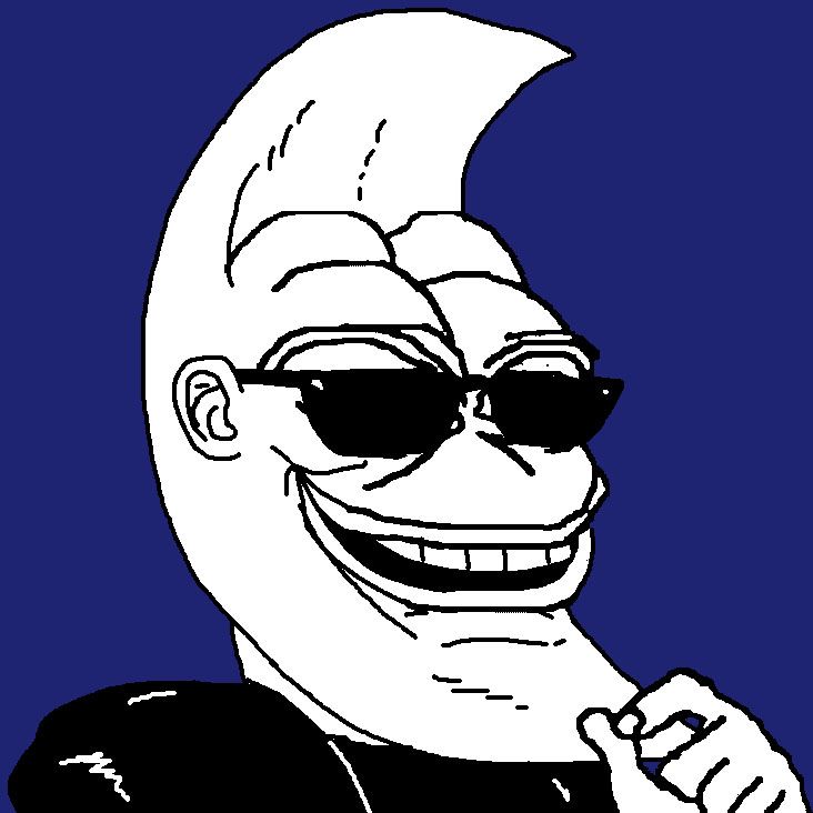Hybride grossièrement dessiné de Moon Man et Pepe. Il ressemble à Moon Man avec l'expression et les traits du visage de Pepe derrière ses lunettes de soleil. Il se pince l'index et le pouce.