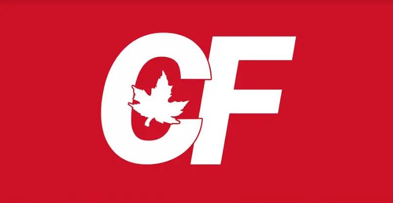 The Canada First flag, which features the letters C and F in large bolded script and a maple leaf inside of the C. Letters are white on a red background.