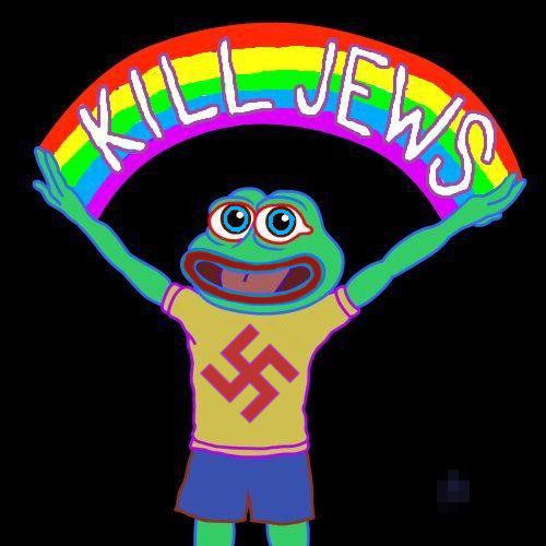 Illustration of Pepe with a Swastika on his t-shirt. He is holding his arms wide and a rainbow spans accross his hands. In the rainbow are the words "KILL JEWS".