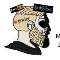 Un "Yes Chad" avec un visage noirci a les logos de Pornhub, Onlyfans et Tinder sur son front.