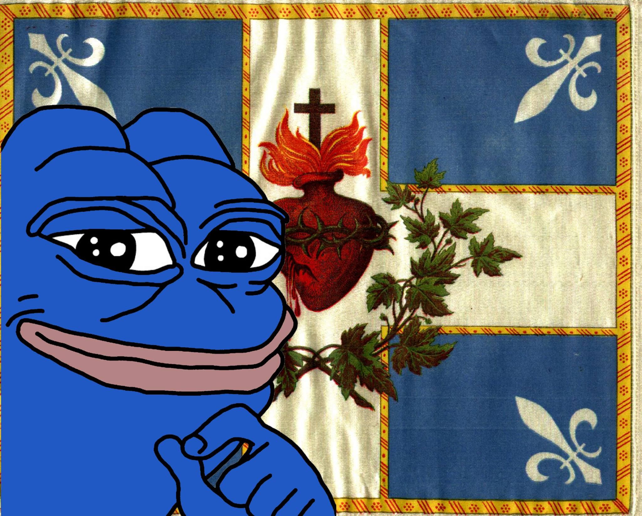 A blue Pepe in front of a Carillon Sacré Coeur.