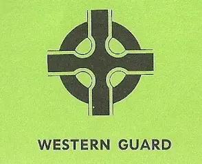 Une croix de fer stylisée chevauche un cercle sur un fond vert citron. En dessous se trouve le texte "WESTERN GUARD".