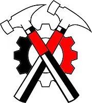 Le logo Hammerskins : Un rouage derrière deux marteaux croisés, remplis de rouge, noir et blanc. Le côté gauche du rouage est noir, le côté droit rouge et le reste est blanc.