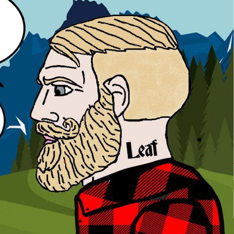 A Yes Chad: A blond haired, bearded, and mustached pale man. This one is wearing red plaid and has a "Leaf" tattoo on his neck to demonstrate that he is Canadian.