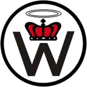 Logo de l'Église mondiale du Créateur : Un "w" minuscule sous une couronne, sous une auréole. Un cercle noir entoure les trois symboles.