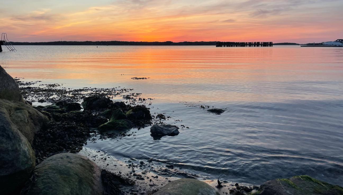 Solnedgang over rolig sjø. bilde.