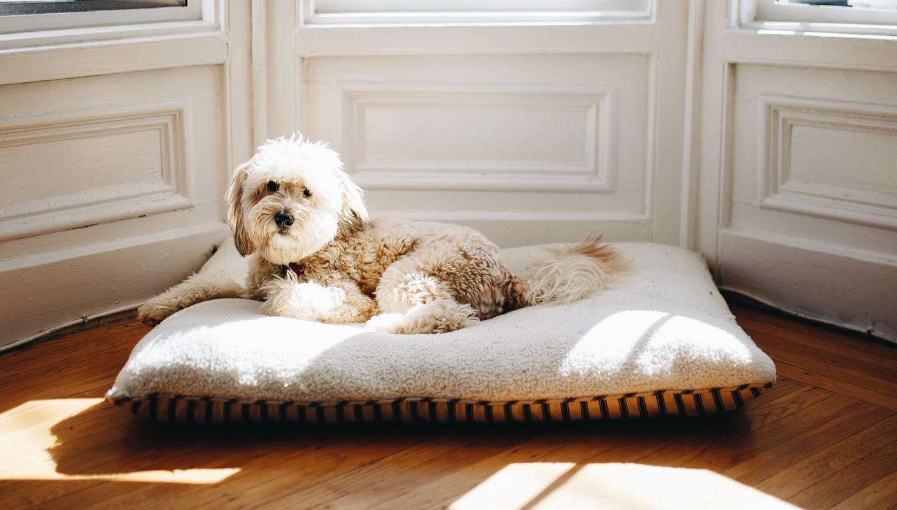 En hund ligger på en stor kudde framför ett fönster.