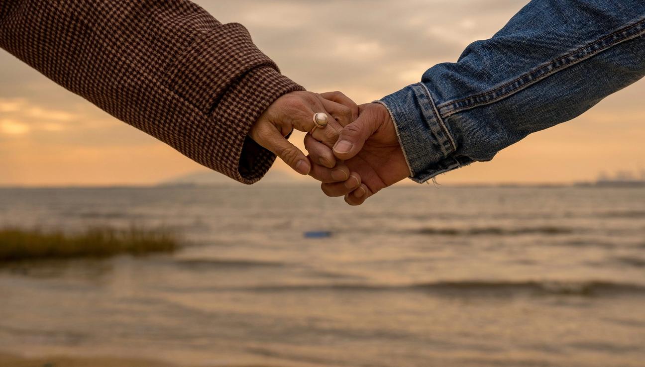 Två armar som sträcker sig mot varandra och håller hand. Havet i bakgrunden.
