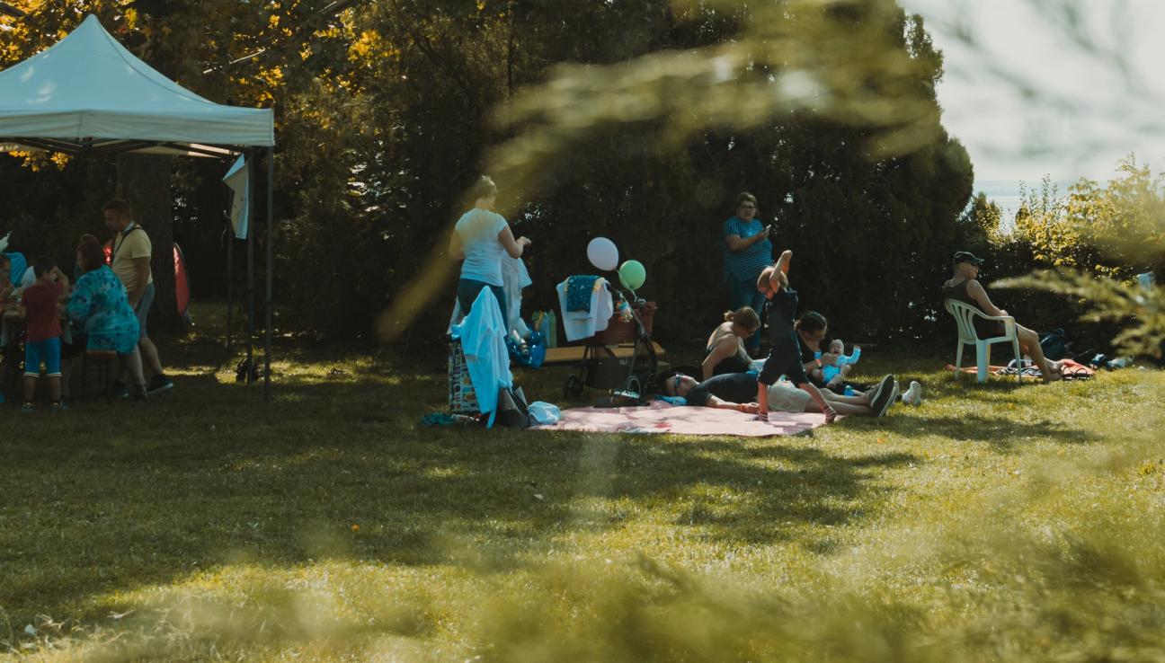 En fest pågår i avlägset perspektiv med ett partytält och ballonger. Festen äger rum på ett stort grönt fält.