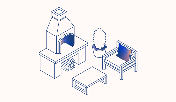 Illustration of an outdoor room, with a pizza oven. Illustration.