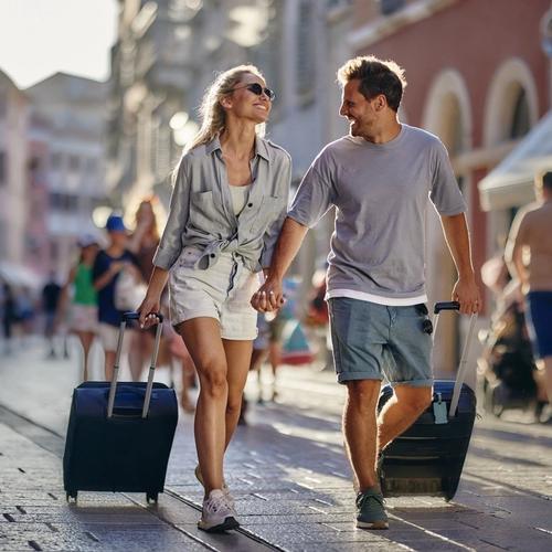 Man og kvinne er på reise. De holder hånd og drar hver deres trillekoffert. bilde.