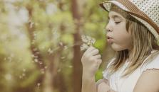 En flicka med solhatt blåser på en överblommad maskros. foto.