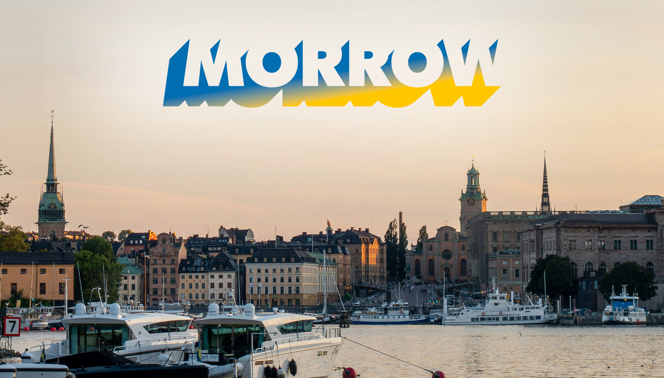 Morrow logo i gul och blå på en bild av Stockholm stad. bild.