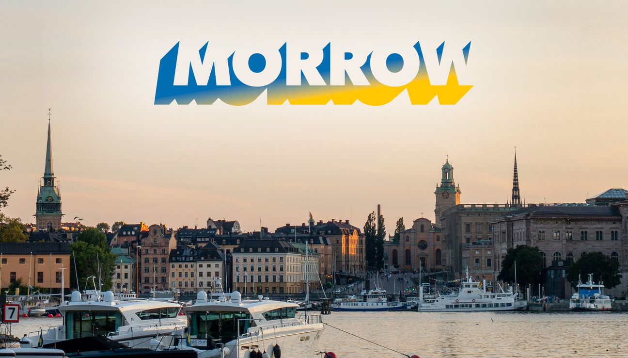 Morrow logo i gul och blå på en bild av Stockholm stad. bild.