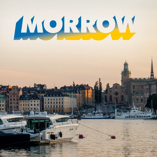 Morrow logo i gul och blå på en bild av Stockholm stad. bild.