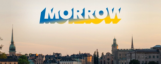 Morrow logo i gul och blå på en bild av Stockholm stad. bild.