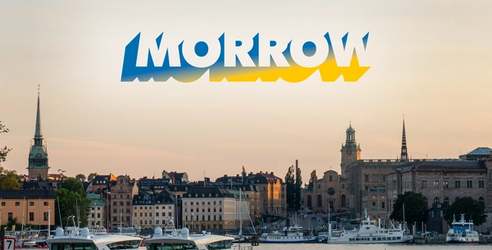 Morrow logo i gul och blå på en bild av Stockholm stad. bild.