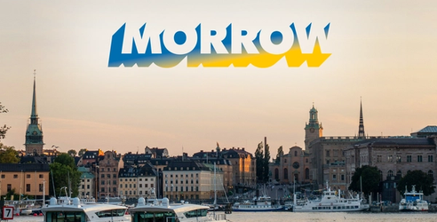 Tukholma kuvattuna veden toiselta puolelta, Morrow Bankin logo sijoitettu kuvan yläreunaan.