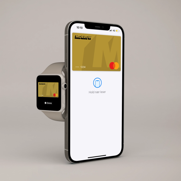 Betala digitalt med Morrow Bank kreditkort i klockan eller mobilen. foto.