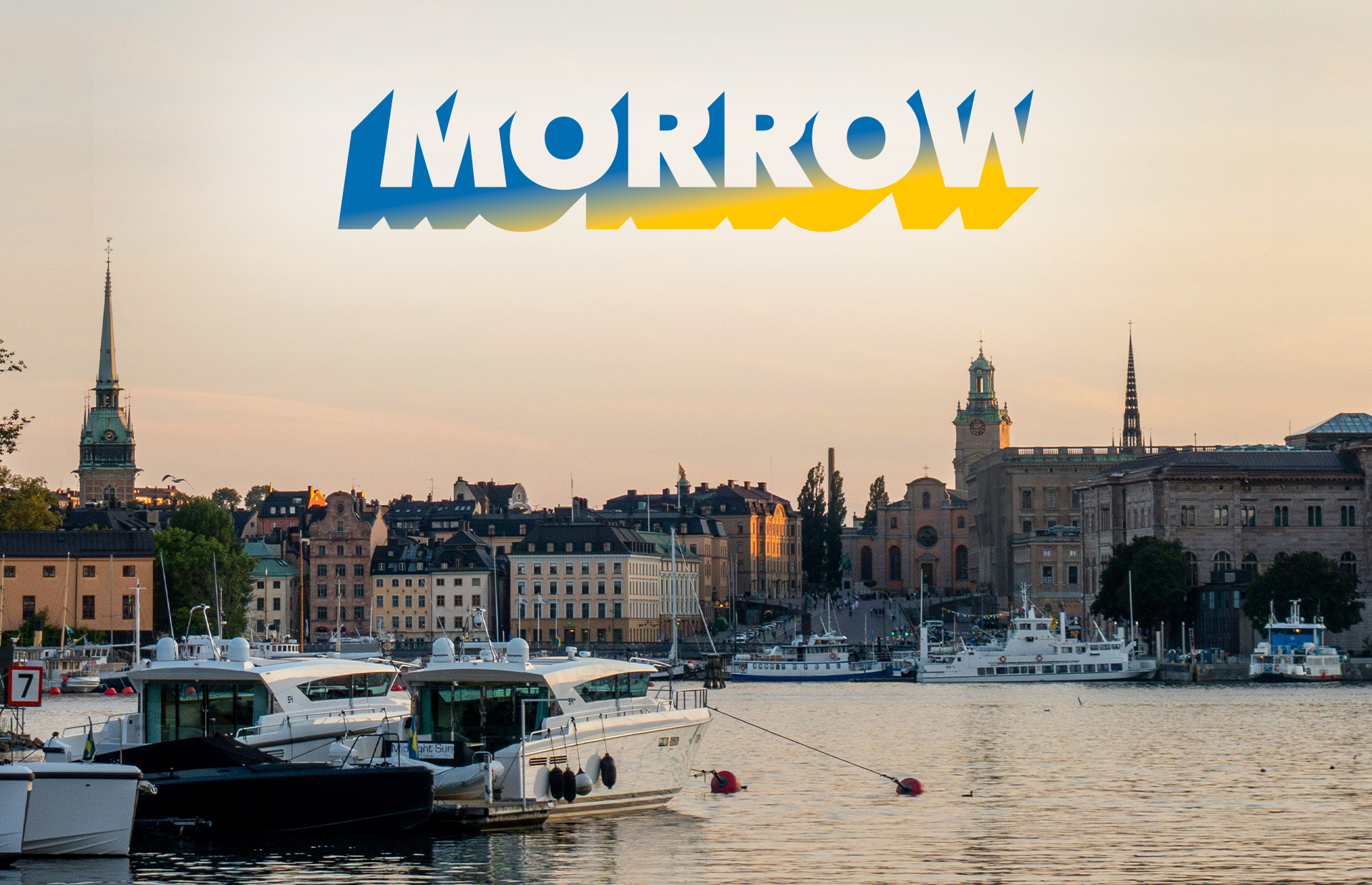 Morrow logo i gul og blå på bilde av Stockholm stad. bilde.