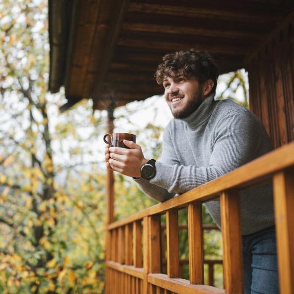 En man står ute på terrassen och lutar sig mot räcket med en kaffekopp i handen.