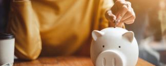 En kvinne putter penger i en sparegris. bilde.