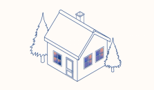 Illustration av en stuga med träd intill. illustration.