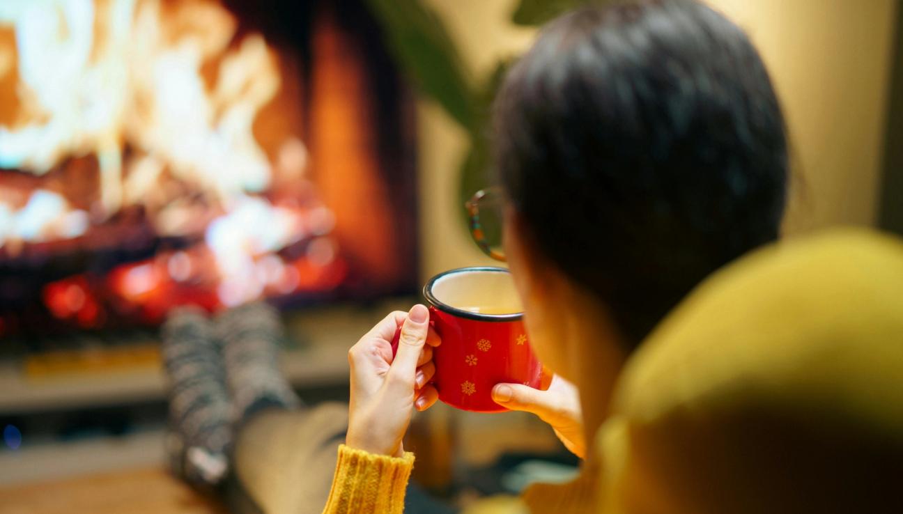En dame sitter ved peisen, men beina på bordet og en kopp i hendene. bilde.