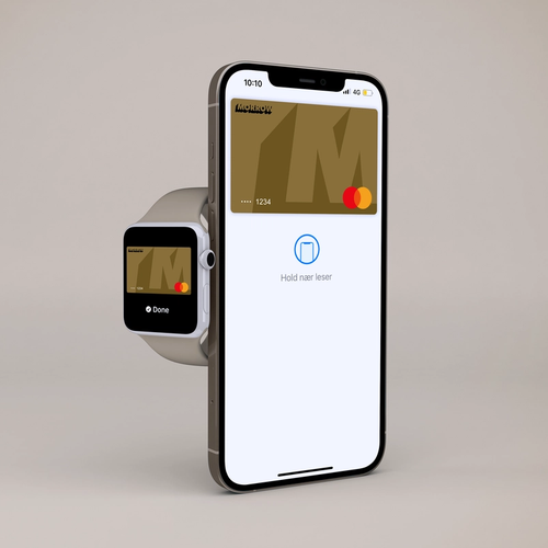 Pay with Morrow Bank gold card in watch and phone. picture.