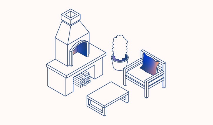 Illustration av uteplats, med vedeldad öppen spis. Illustration.