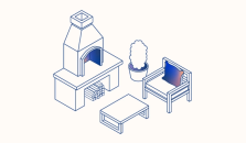 Illustration av uteplats, med vedeldad öppen spis. Illustration.