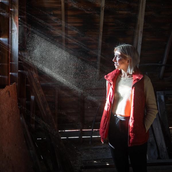 A woman standing in the sunlight that is seeping through some cracks in the attic