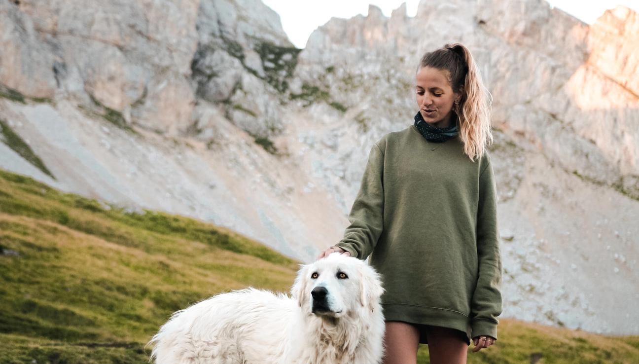 A woman and her dog hiking in the mountains.