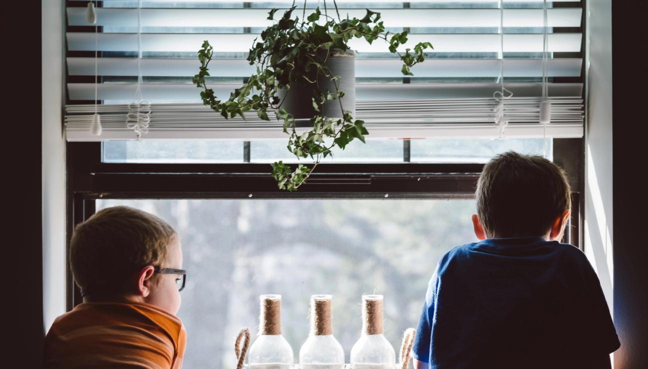 Two young boys hanging over the kitchen sink and looking out the window.