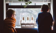 Two young boys hanging over the kitchen sink and looking out the window.